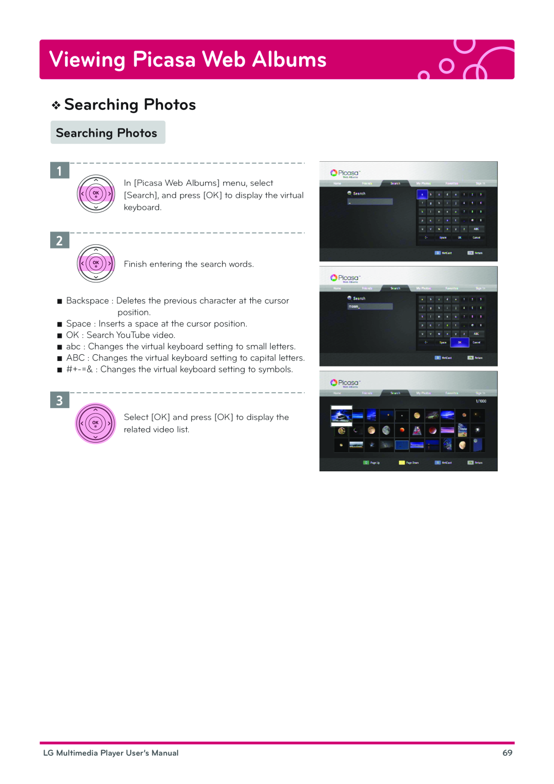 LG Electronics DP1W, DP1B user manual Searching Photos, Viewing Picasa Web Albums, LG Multimedia Player User’s Manual 