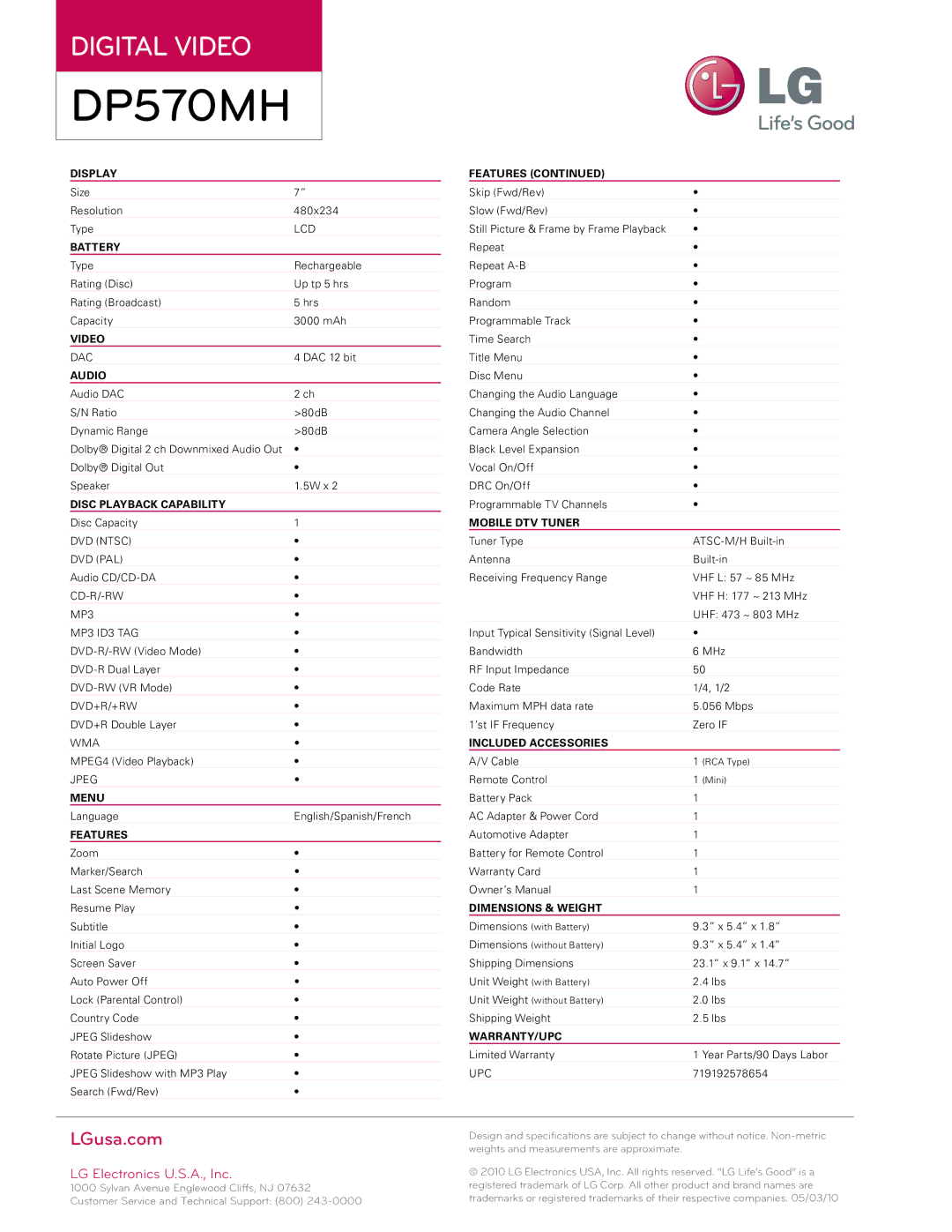 LG Electronics DP570MH manual Video, Audio, Menu, Warranty/Upc 