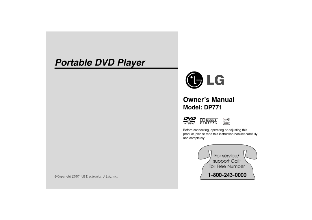 LG Electronics DP771 owner manual Portable DVD Player 