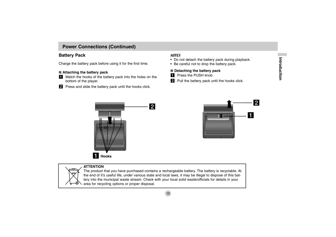 LG Electronics DP771 Battery Pack, Attaching the battery pack, Detaching the battery pack a Press the Push knob, Hooks 