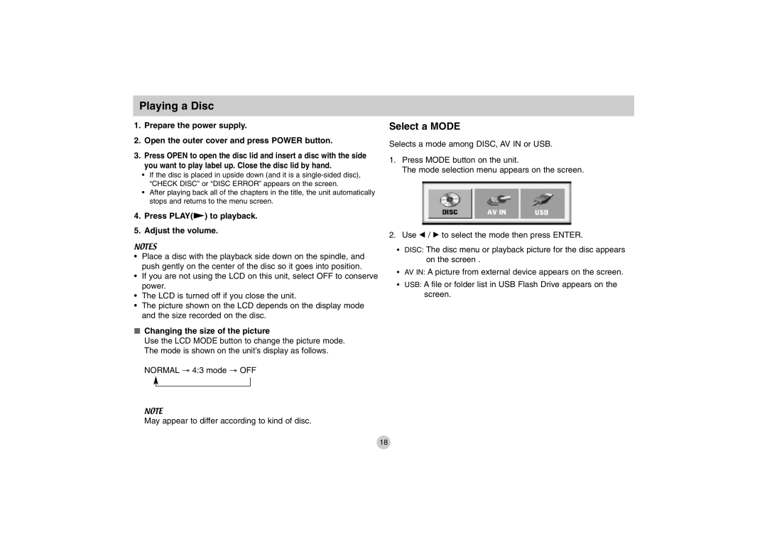 LG Electronics DP771 owner manual Playing a Disc, Select a Mode, Press Playn to playback Adjust the volume 