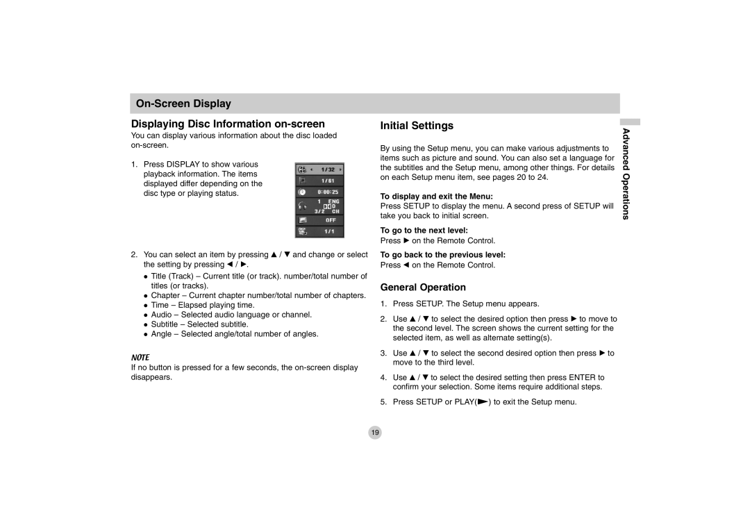 LG Electronics DP771 On-Screen Display Displaying Disc Information on-screen, Initial Settings, General Operation 