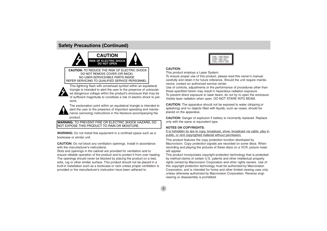 LG Electronics DP771 owner manual Safety Precautions 