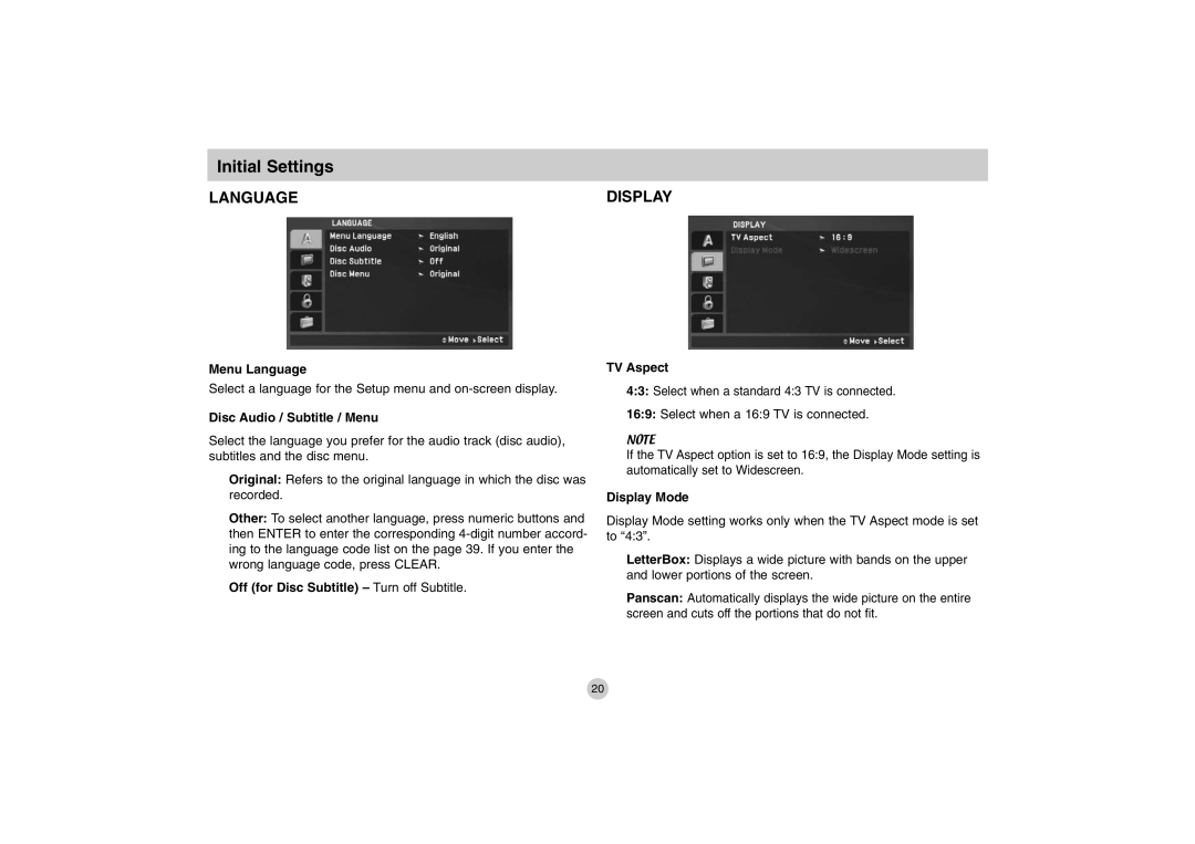 LG Electronics DP771 Menu Language, Disc Audio / Subtitle / Menu, Off for Disc Subtitle Turn off Subtitle TV Aspect 