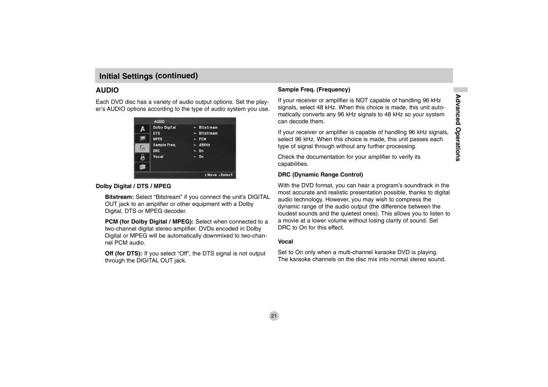 LG Electronics DP771 owner manual Dolby Digital / DTS / Mpeg, Sample Freq. Frequency, DRC Dynamic Range Control, Vocal 