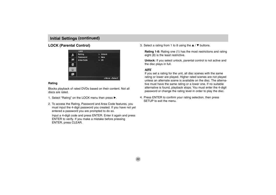 LG Electronics DP771 owner manual Lock Parental Control, Rating 