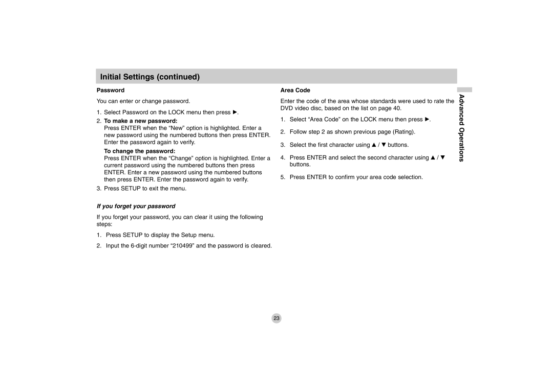 LG Electronics DP771 owner manual Password, To make a new password, To change the password, Area Code 