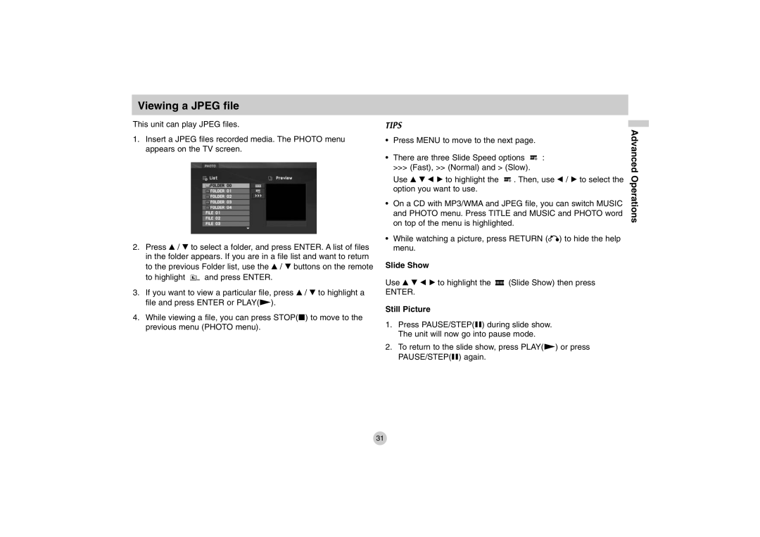 LG Electronics DP771 owner manual Viewing a Jpeg file, Slide Show, Still Picture 