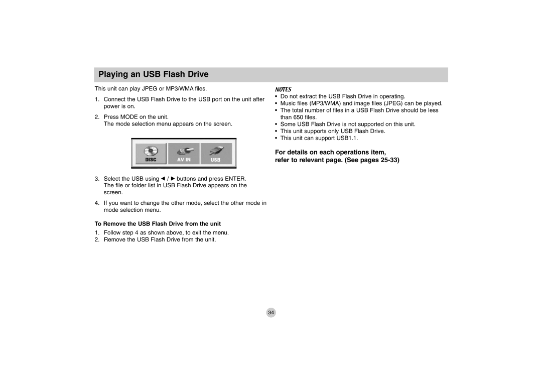 LG Electronics DP771 owner manual Playing an USB Flash Drive, To Remove the USB Flash Drive from the unit 