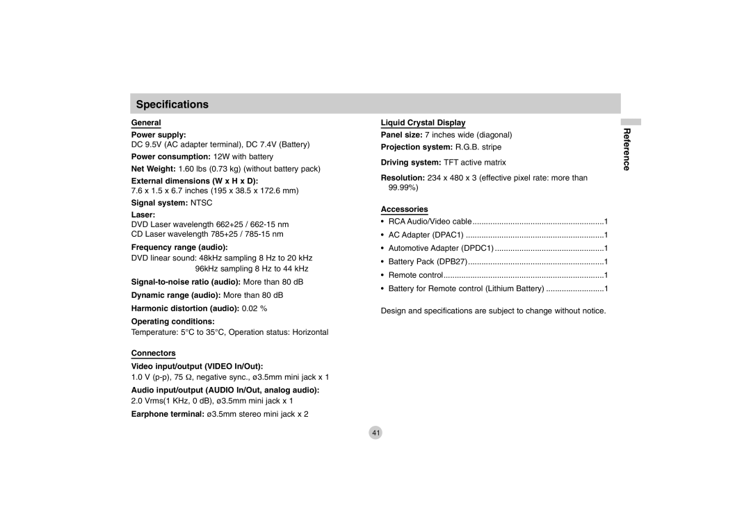 LG Electronics DP771 owner manual Specifications 