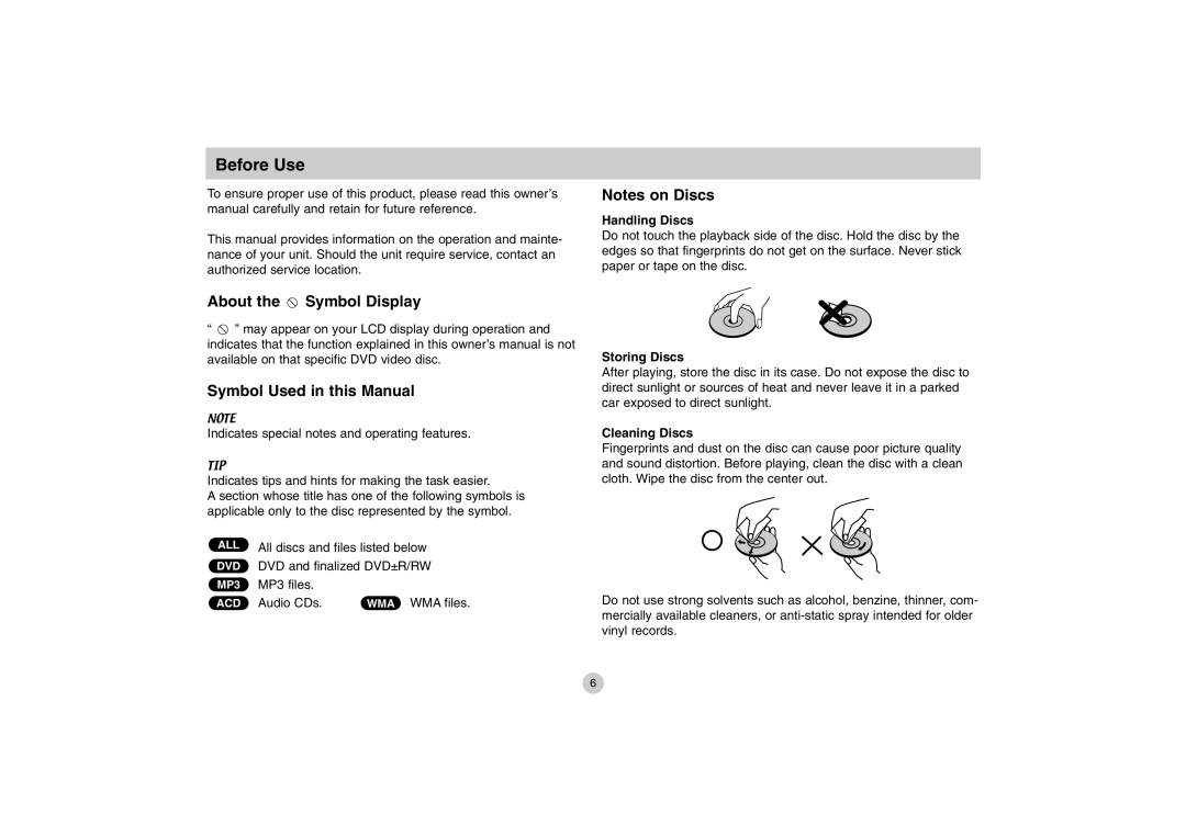 LG Electronics DP771 Before Use, About the Symbol Display Symbol Used in this Manual, Handling Discs, Storing Discs 