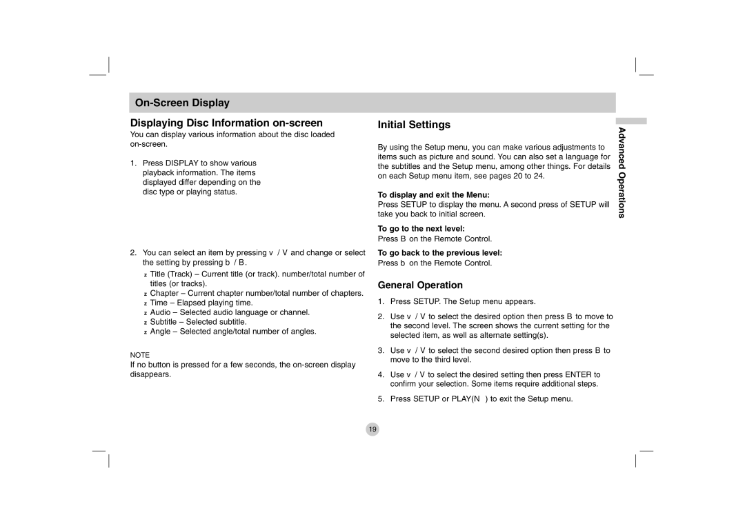 LG Electronics DP771 On-Screen Display Displaying Disc Information on-screen, Initial Settings, General Operation 