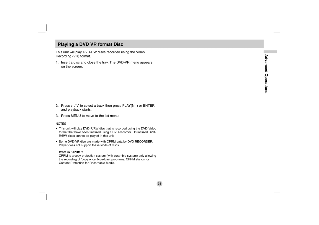 LG Electronics DP771 owner manual Playing a DVD VR format Disc, What is ‘CPRM’? 