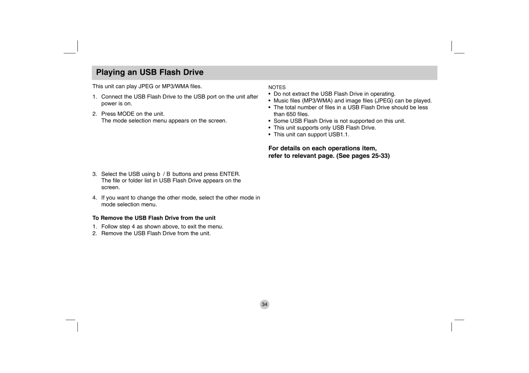 LG Electronics DP771 owner manual Playing an USB Flash Drive, To Remove the USB Flash Drive from the unit 