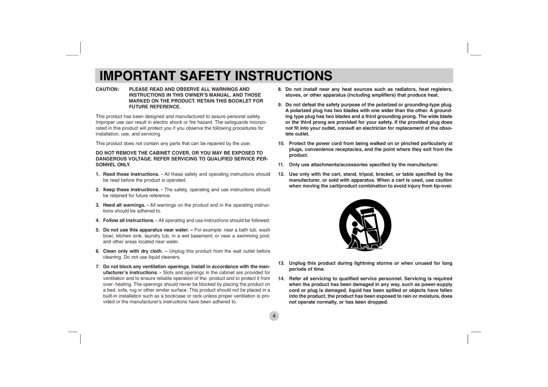 LG Electronics DP771 owner manual Important Safety Instructions 