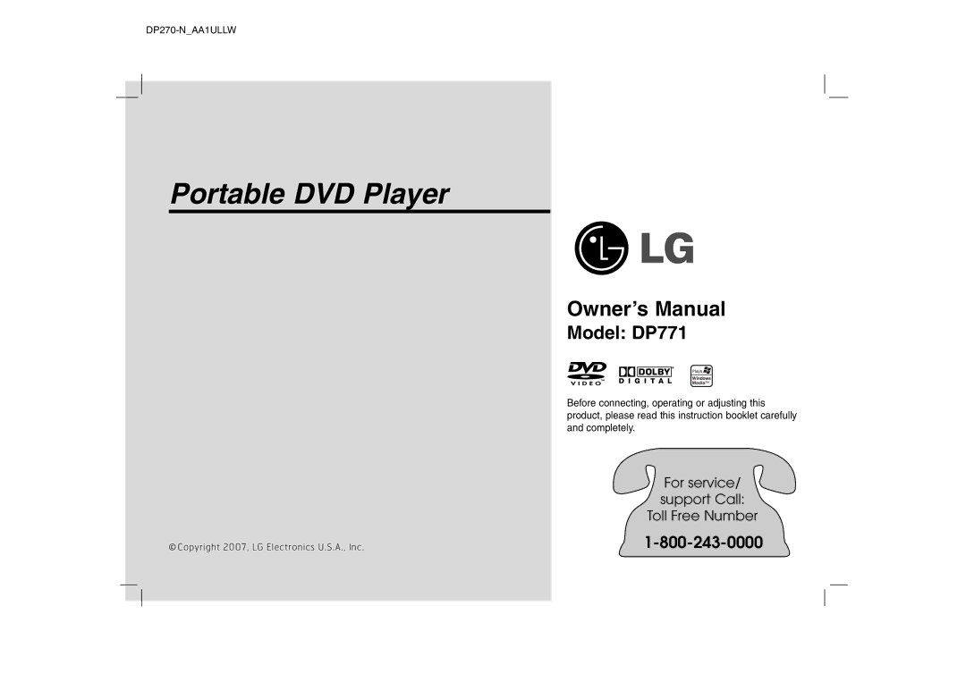 LG Electronics DP771 owner manual Portable DVD Player 