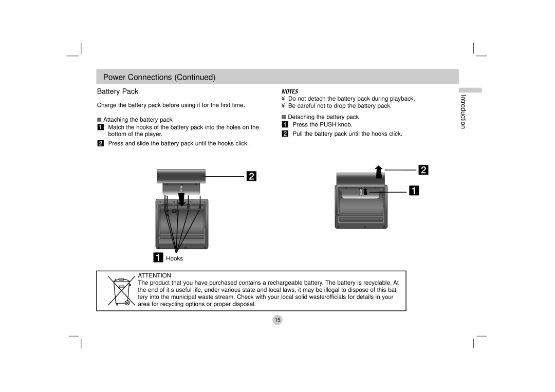 LG Electronics DP771 Battery Pack, Attaching the battery pack, Detaching the battery pack a Press the Push knob, Hooks 