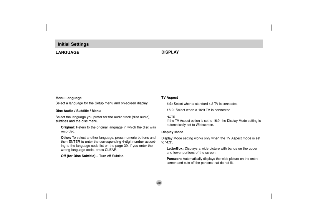 LG Electronics DP771 Menu Language, Disc Audio / Subtitle / Menu, Off for Disc Subtitle Turn off Subtitle TV Aspect 