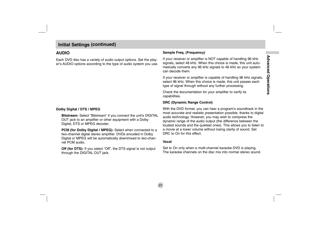 LG Electronics DP771 owner manual Dolby Digital / DTS / Mpeg, Sample Freq. Frequency, DRC Dynamic Range Control, Vocal 