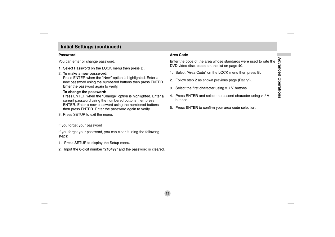 LG Electronics DP771 owner manual Password, To make a new password, To change the password, Area Code 