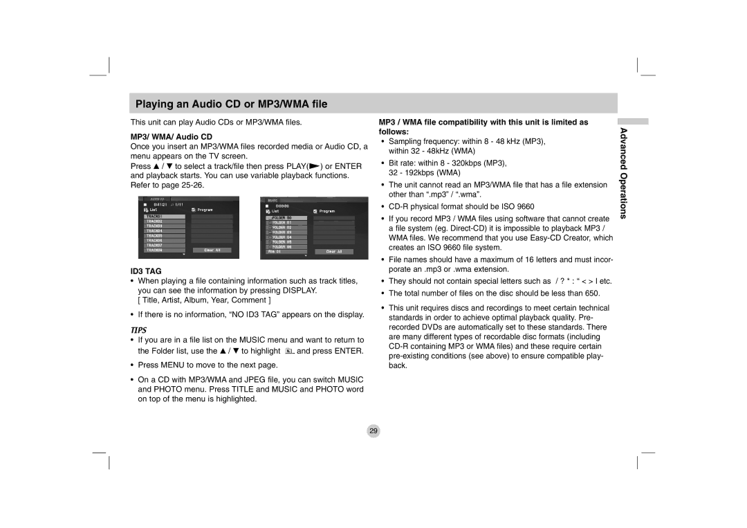 LG Electronics DP771 owner manual Playing an Audio CD or MP3/WMA file, MP3/ WMA/ Audio CD 