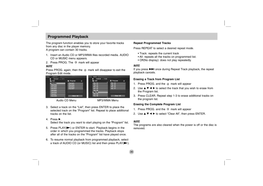 LG Electronics DP771 owner manual Programmed Playback, Repeat Programmed Tracks, Erasing a Track from Program List 