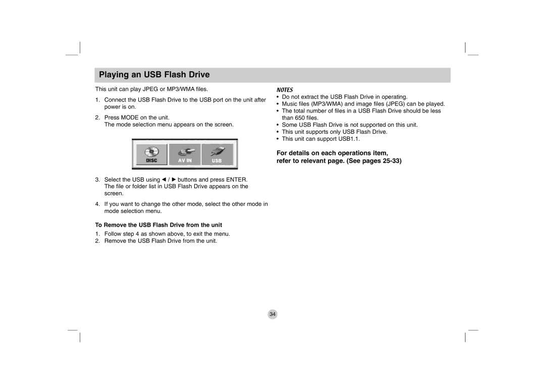 LG Electronics DP771 owner manual Playing an USB Flash Drive, To Remove the USB Flash Drive from the unit 