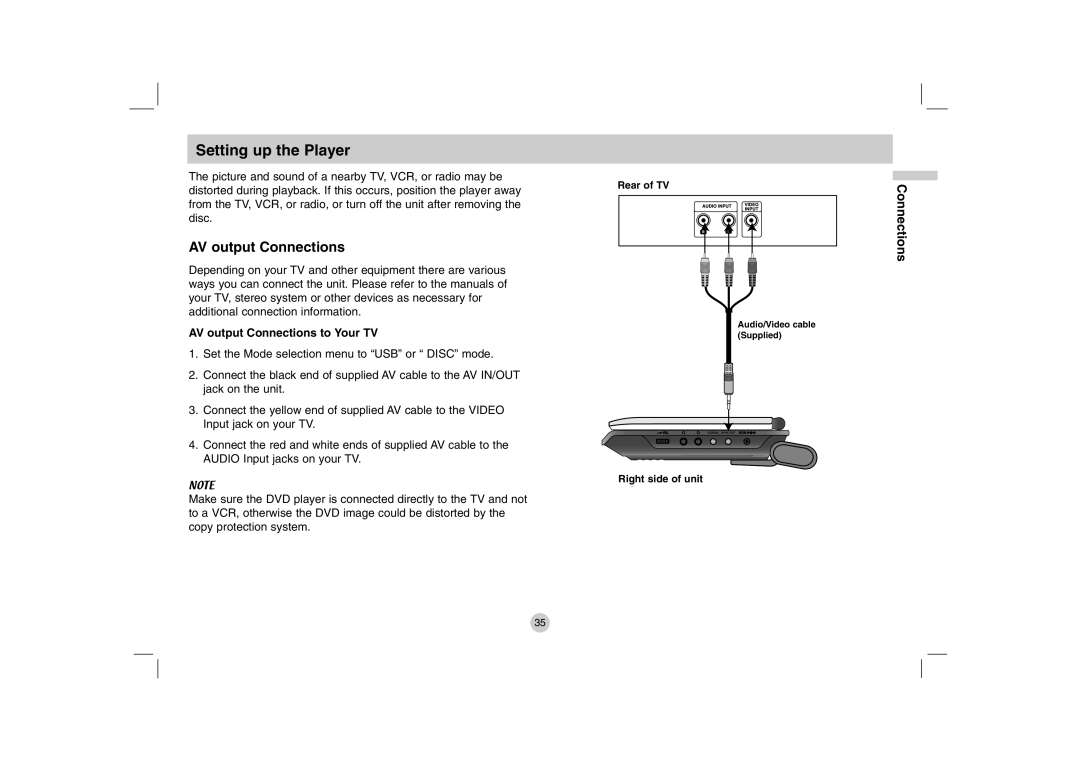 LG Electronics DP771 owner manual Setting up the Player, AV output Connections to Your TV 