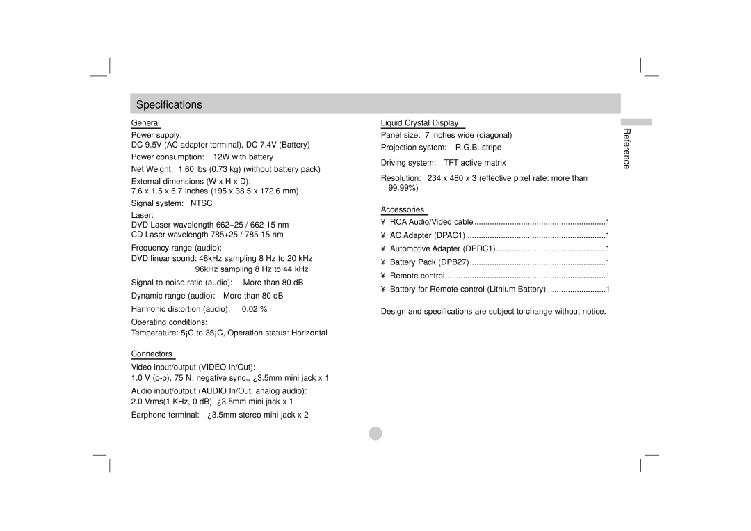 LG Electronics DP771 owner manual Specifications 