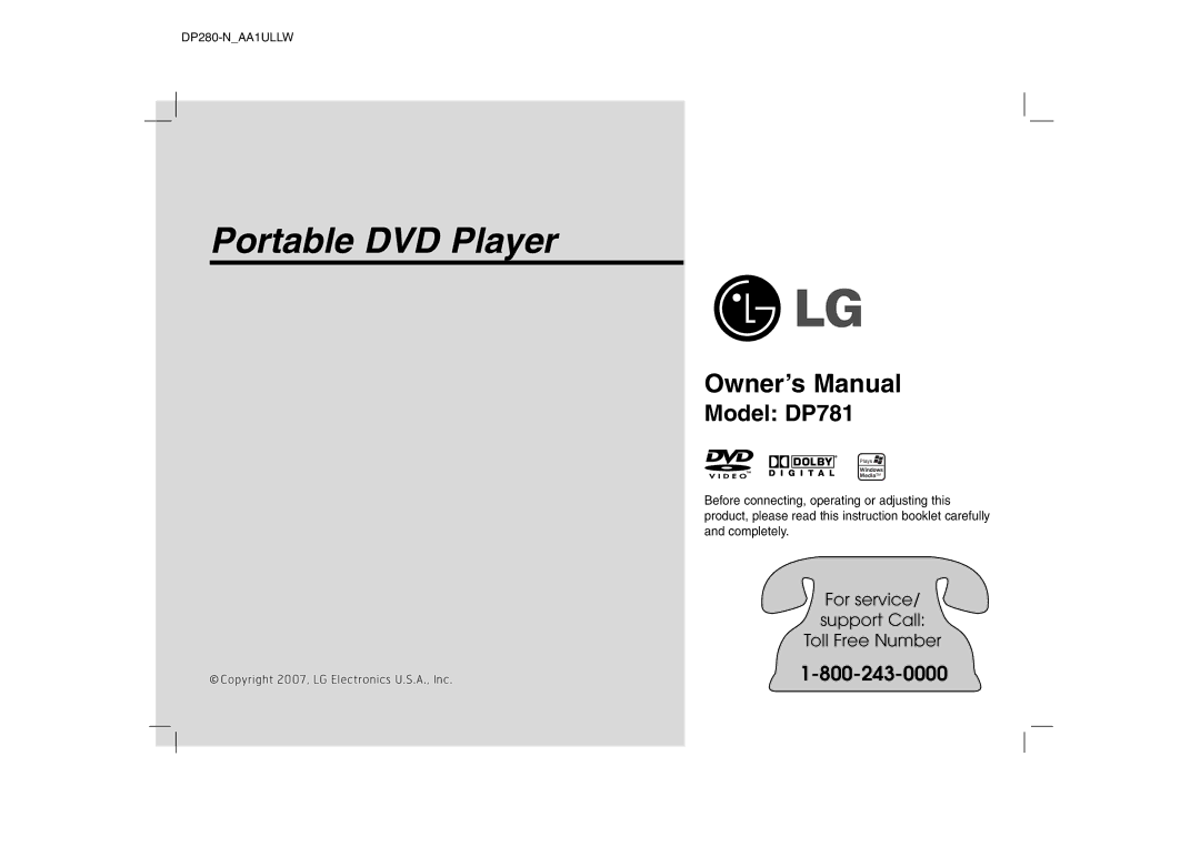 LG Electronics DP280-N, DP781 owner manual Portable DVD Player 