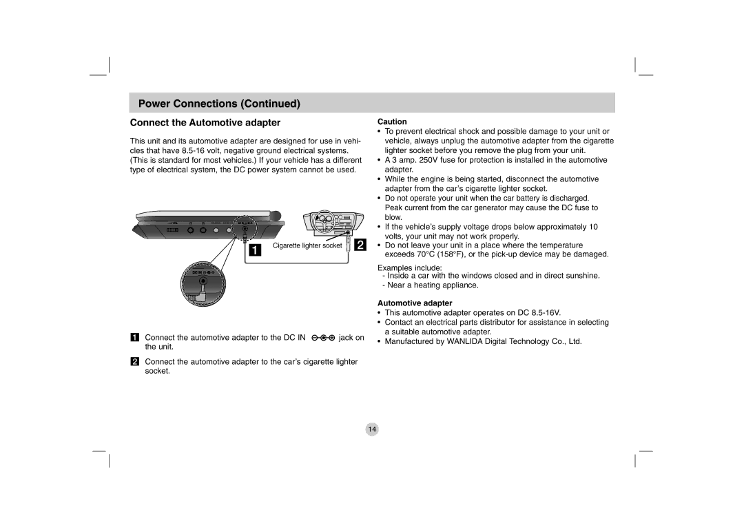 LG Electronics DP781, DP280-N owner manual Connect the Automotive adapter 