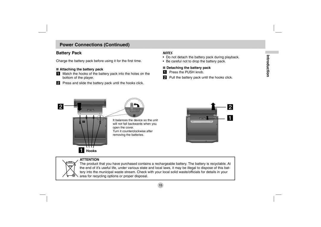 LG Electronics DP280-N Battery Pack, Attaching the battery pack, Detaching the battery pack a Press the Push knob, Hooks 