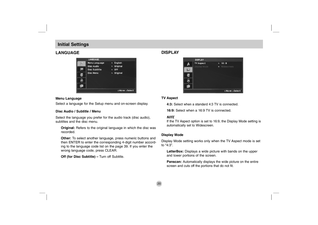 LG Electronics DP781 Menu Language, Disc Audio / Subtitle / Menu, Off for Disc Subtitle Turn off Subtitle TV Aspect 