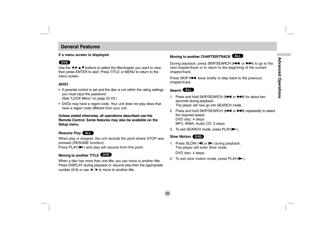 LG Electronics DP280-N, DP781 owner manual General Features 