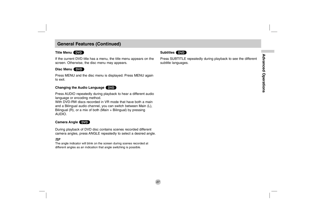 LG Electronics DP280-N Title Menu DVD, Disc Menu DVD, Changing the Audio Language DVD, Camera Angle DVD, Subtitles DVD 