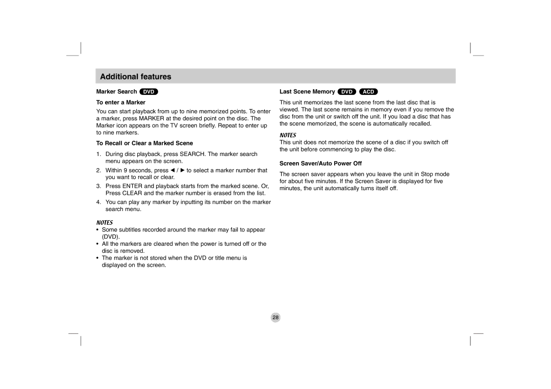 LG Electronics DP781, DP280-N Additional features, Marker Search DVD To enter a Marker, To Recall or Clear a Marked Scene 