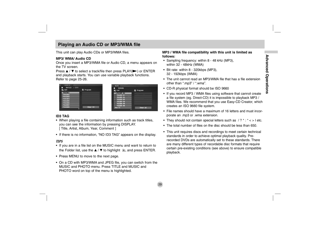 LG Electronics DP280-N, DP781 owner manual Playing an Audio CD or MP3/WMA file, MP3/ WMA/ Audio CD 