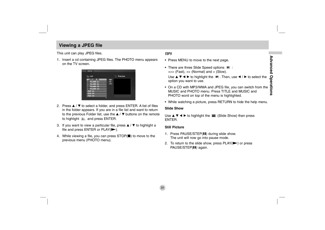 LG Electronics DP280-N, DP781 owner manual Viewing a Jpeg file, Slide Show, Still Picture 