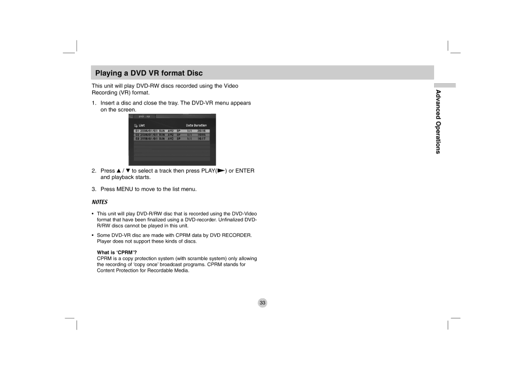 LG Electronics DP280-N, DP781 owner manual Playing a DVD VR format Disc, What is ‘CPRM’? 