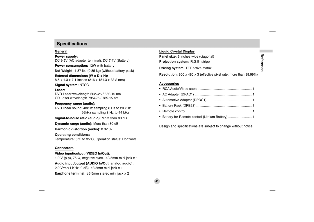 LG Electronics DP280-N, DP781 owner manual Specifications 