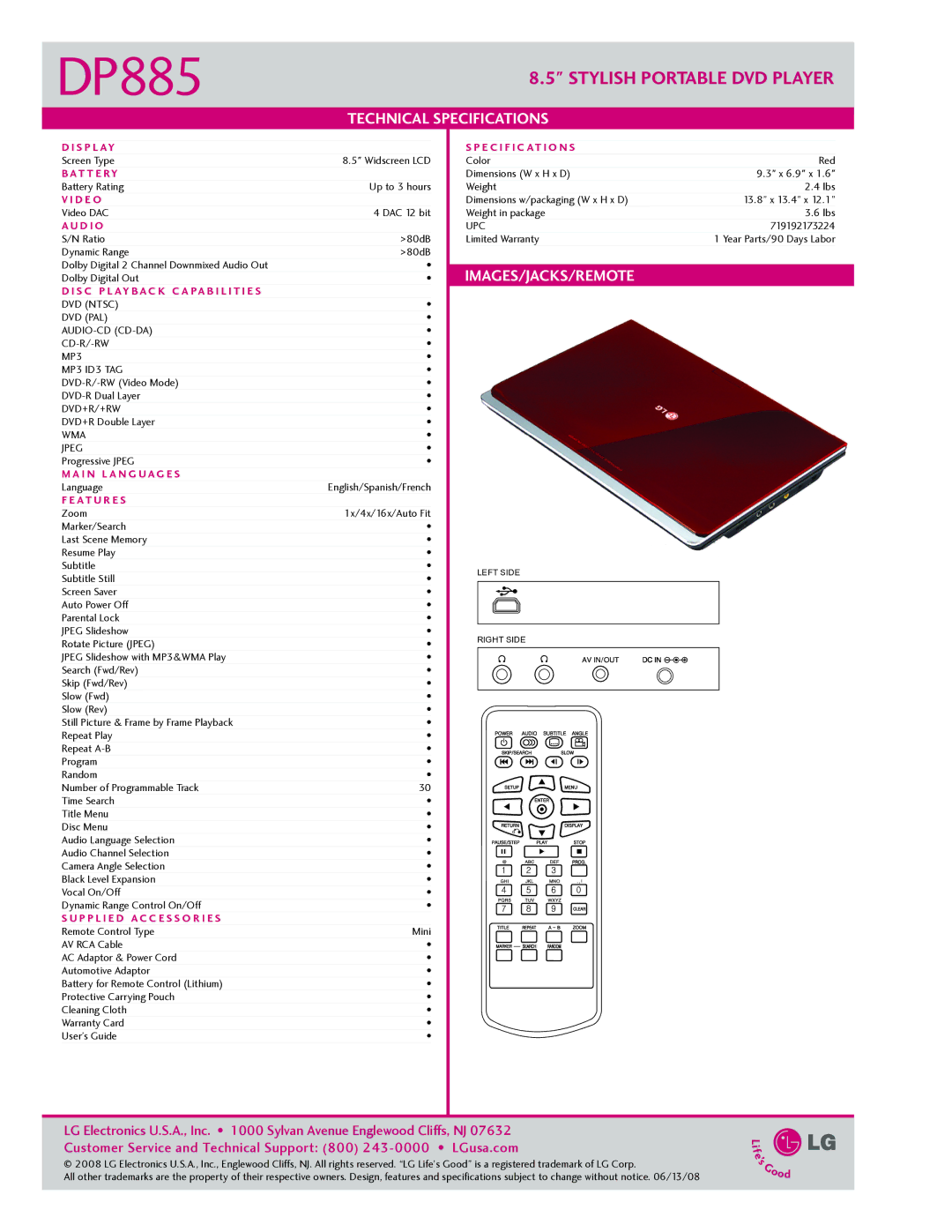 LG Electronics DP885 manual Technical Specifications, Images/Jacks/Remote 