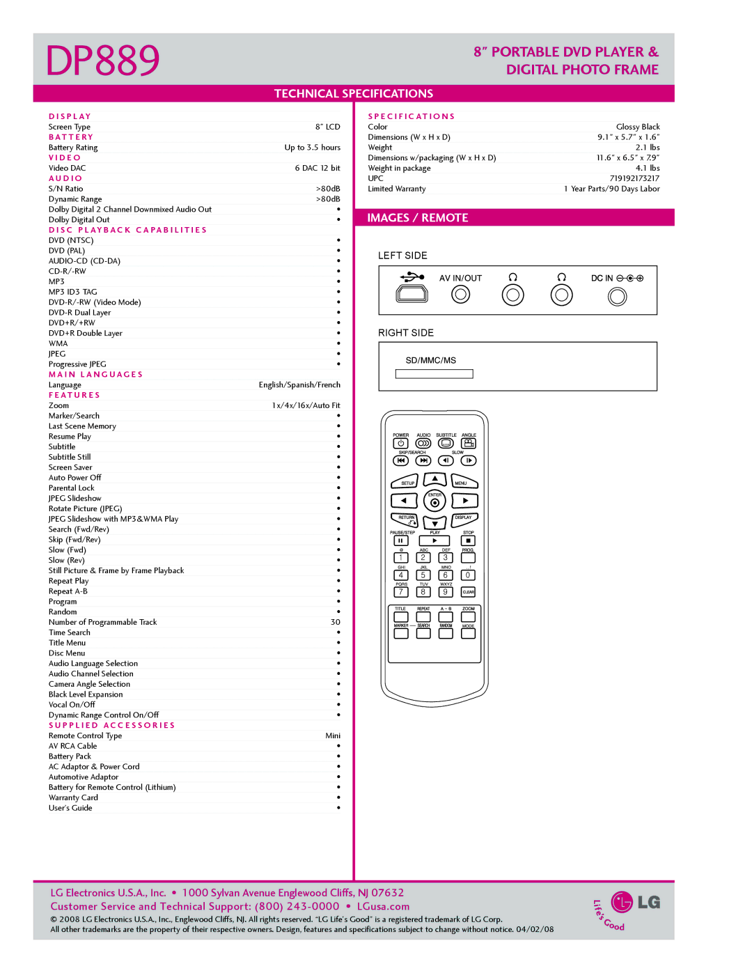 LG Electronics DP889 manual Technical Specifications, Images / Remote 