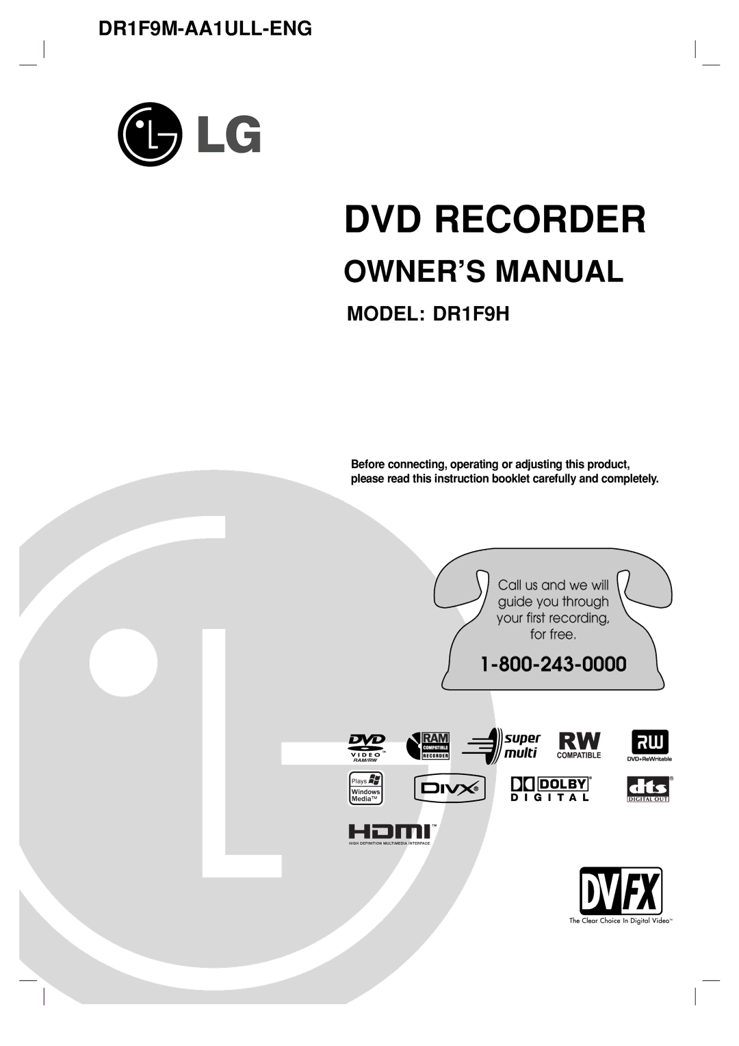 LG Electronics DR1F9H owner manual DVD Recorder 