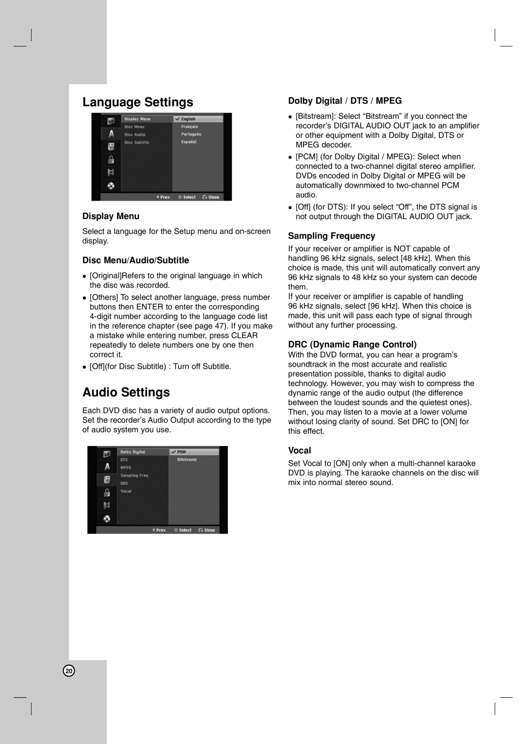 LG Electronics DR1F9H owner manual Language Settings, Audio Settings 