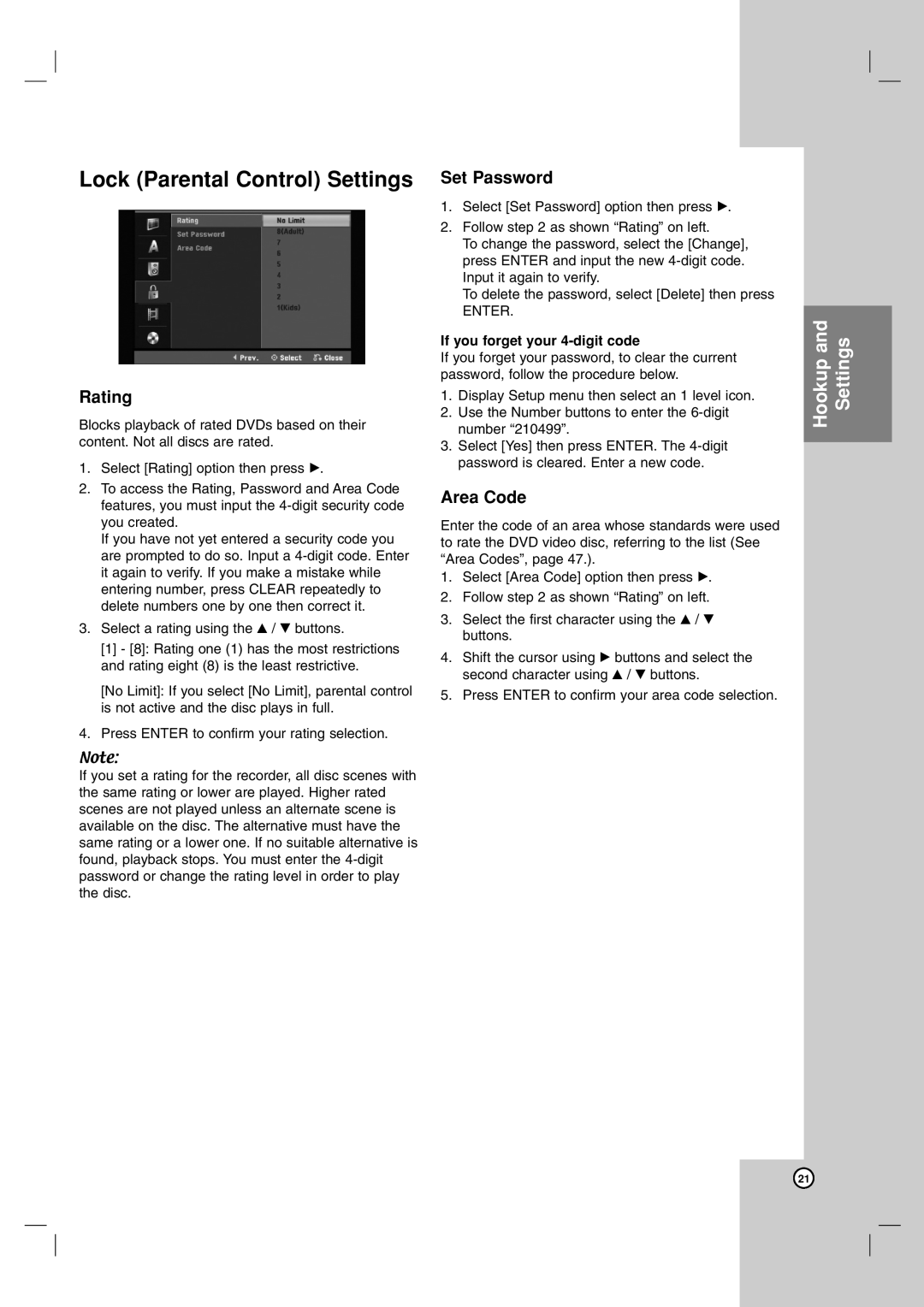 LG Electronics DR1F9H Lock Parental Control Settings, Rating, Set Password, Area Code, If you forget your 4-digit code 