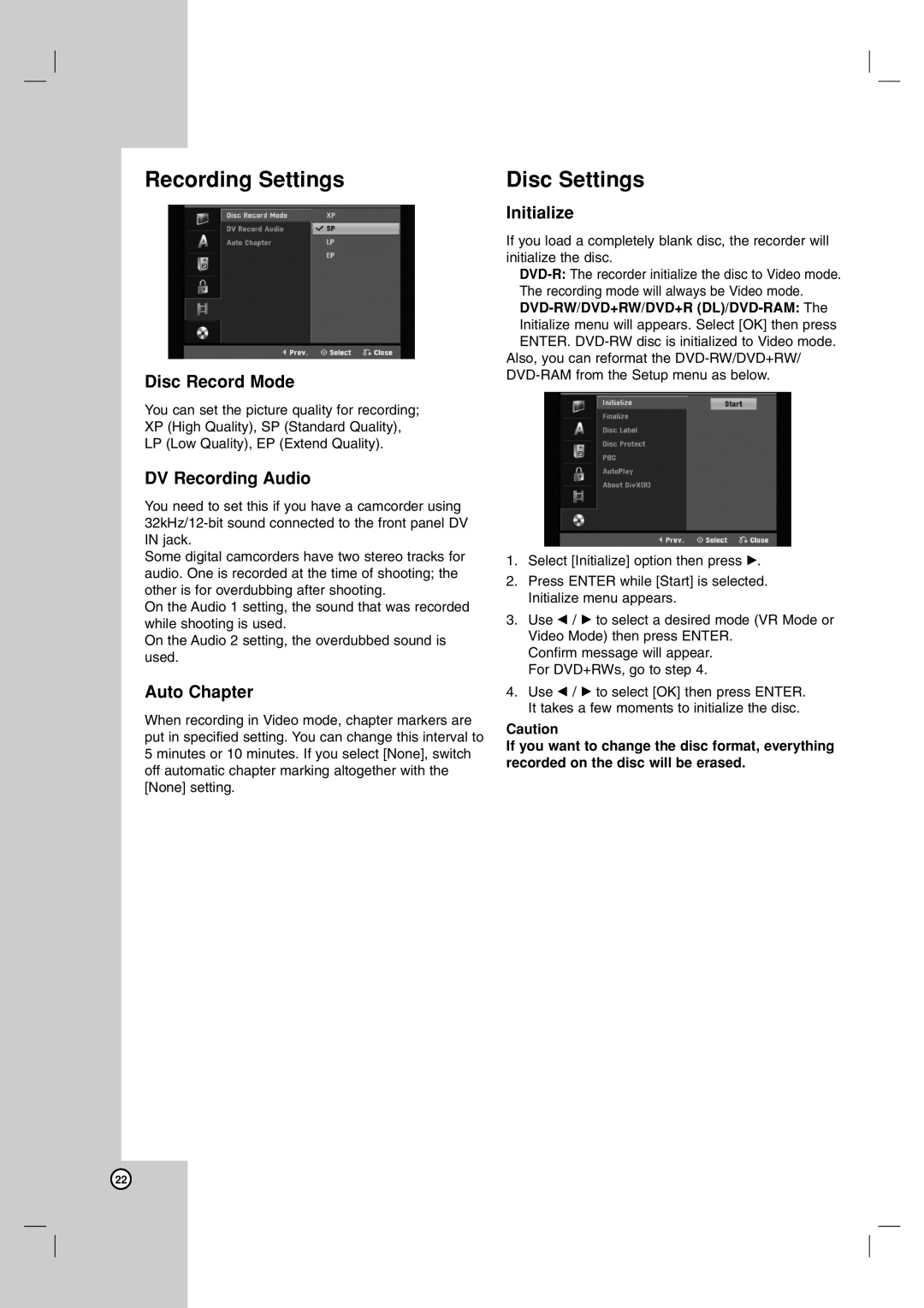 LG Electronics DR1F9H owner manual Recording Settings, Disc Settings 