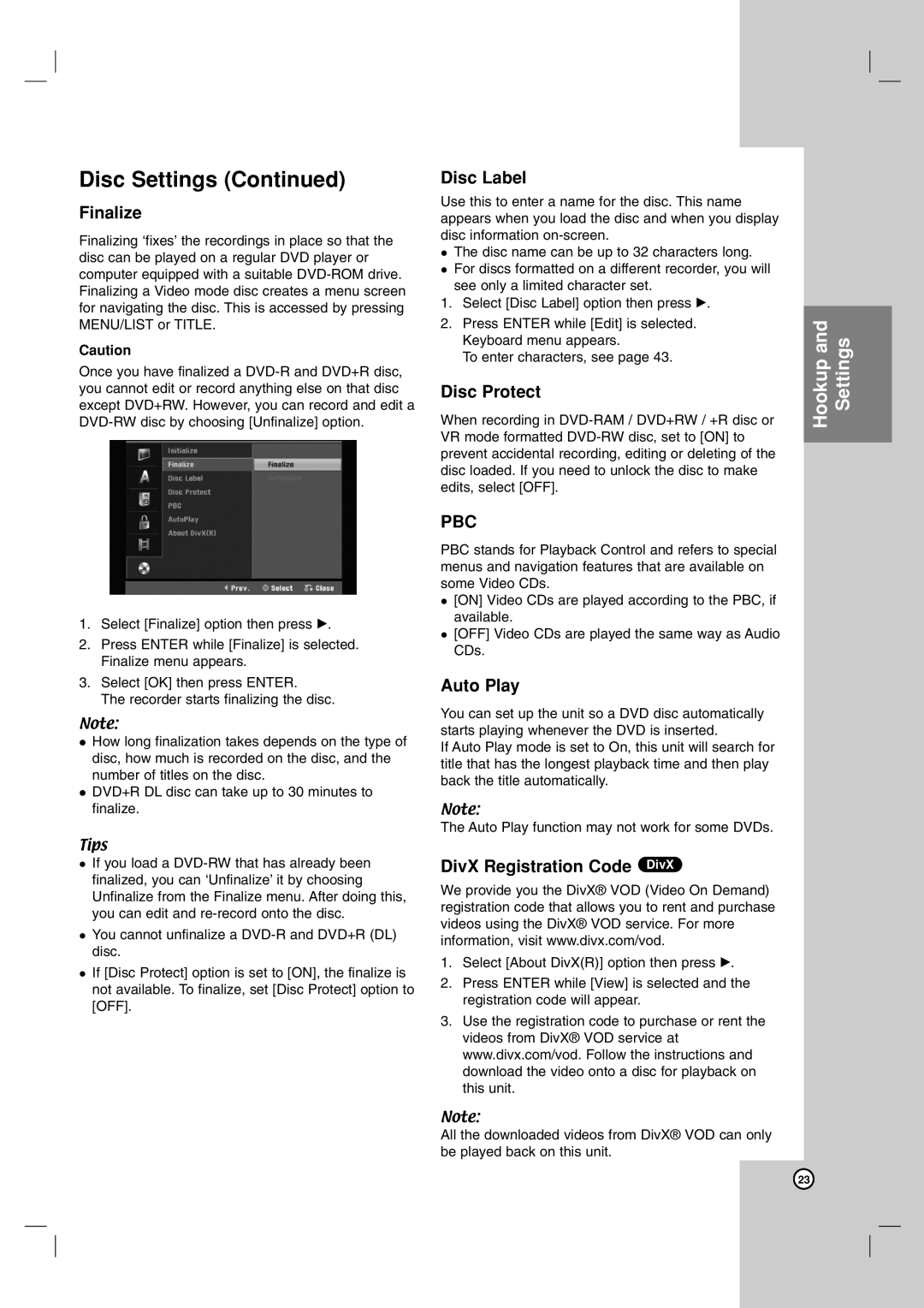 LG Electronics DR1F9H owner manual Finalize, Disc Label, Disc Protect, Auto Play, DivX Registration Code DivX 