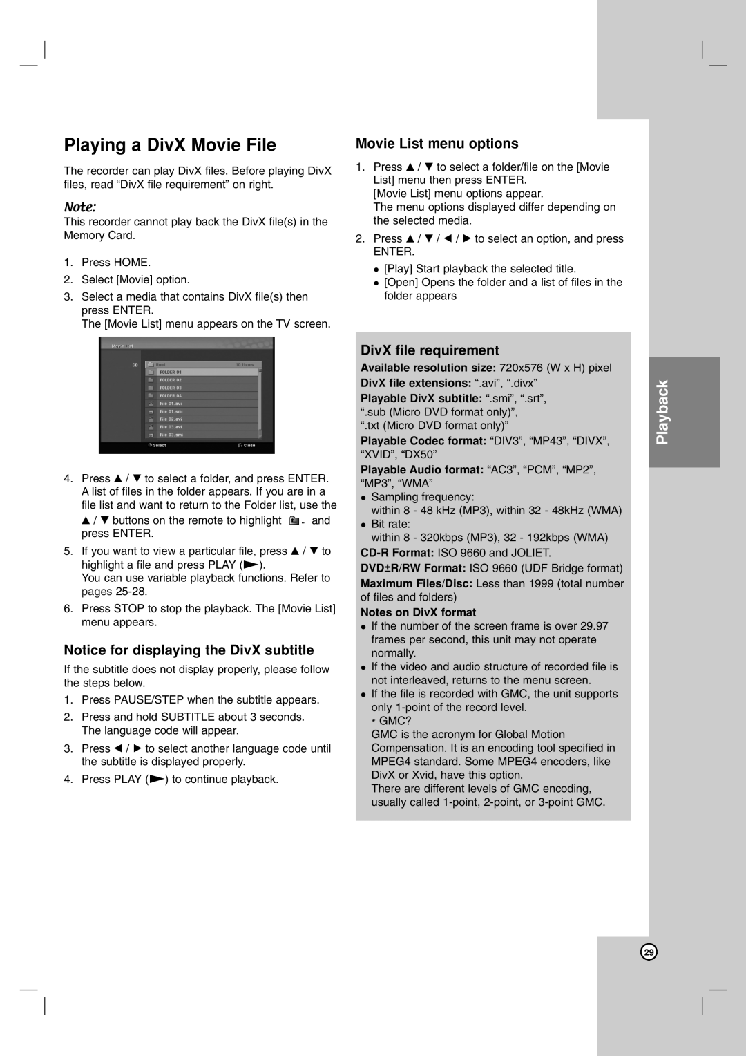 LG Electronics DR1F9H owner manual Playing a DivX Movie File, Movie List menu options, DivX file requirement 