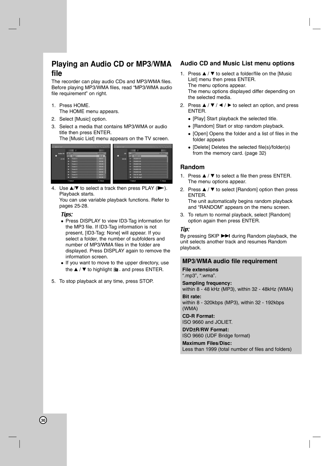 LG Electronics DR1F9H owner manual Playing an Audio CD or MP3/WMA file, Audio CD and Music List menu options, Random 