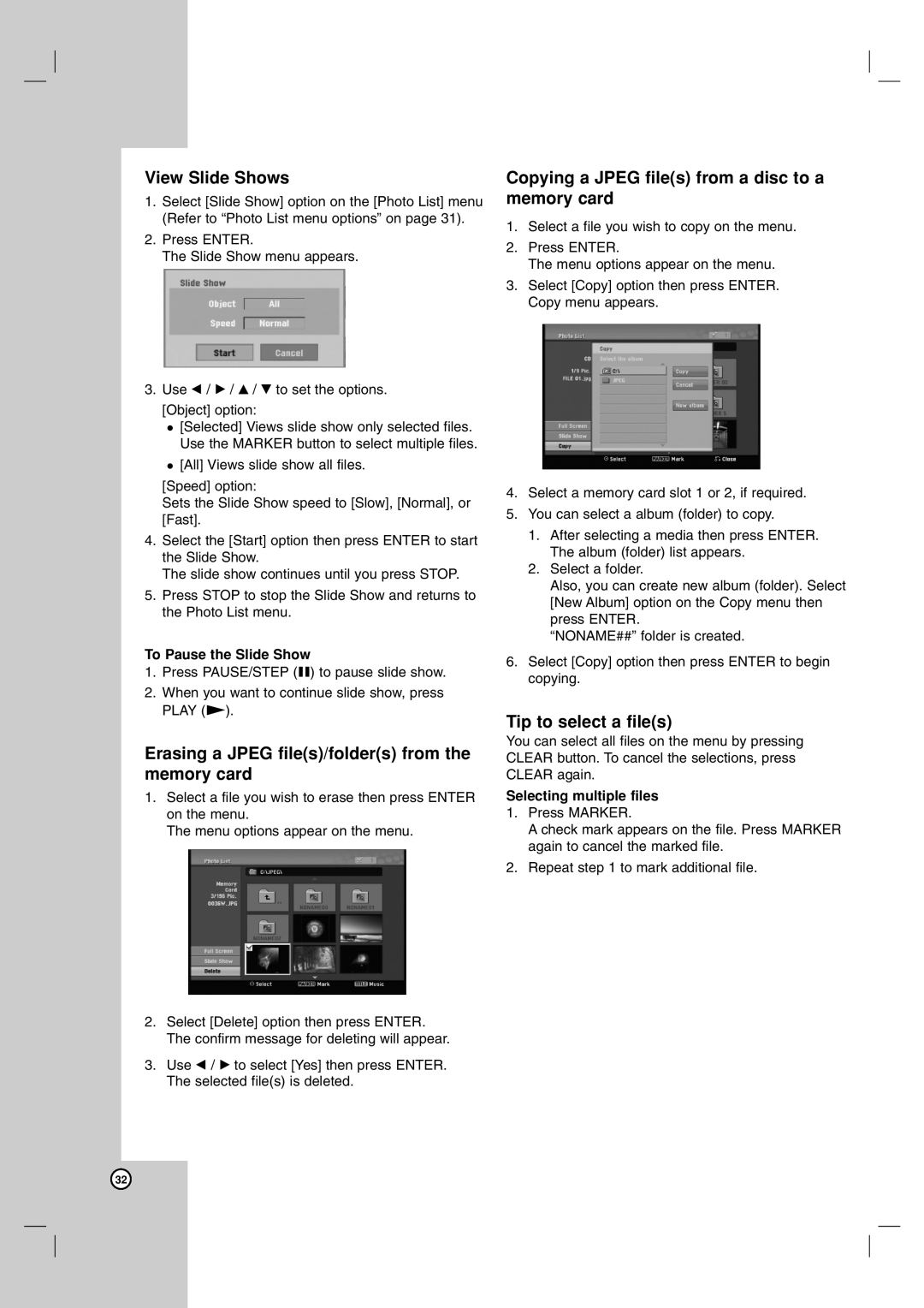 LG Electronics DR1F9H View Slide Shows, Erasing a Jpeg files/folders from the memory card, Tip to select a files 